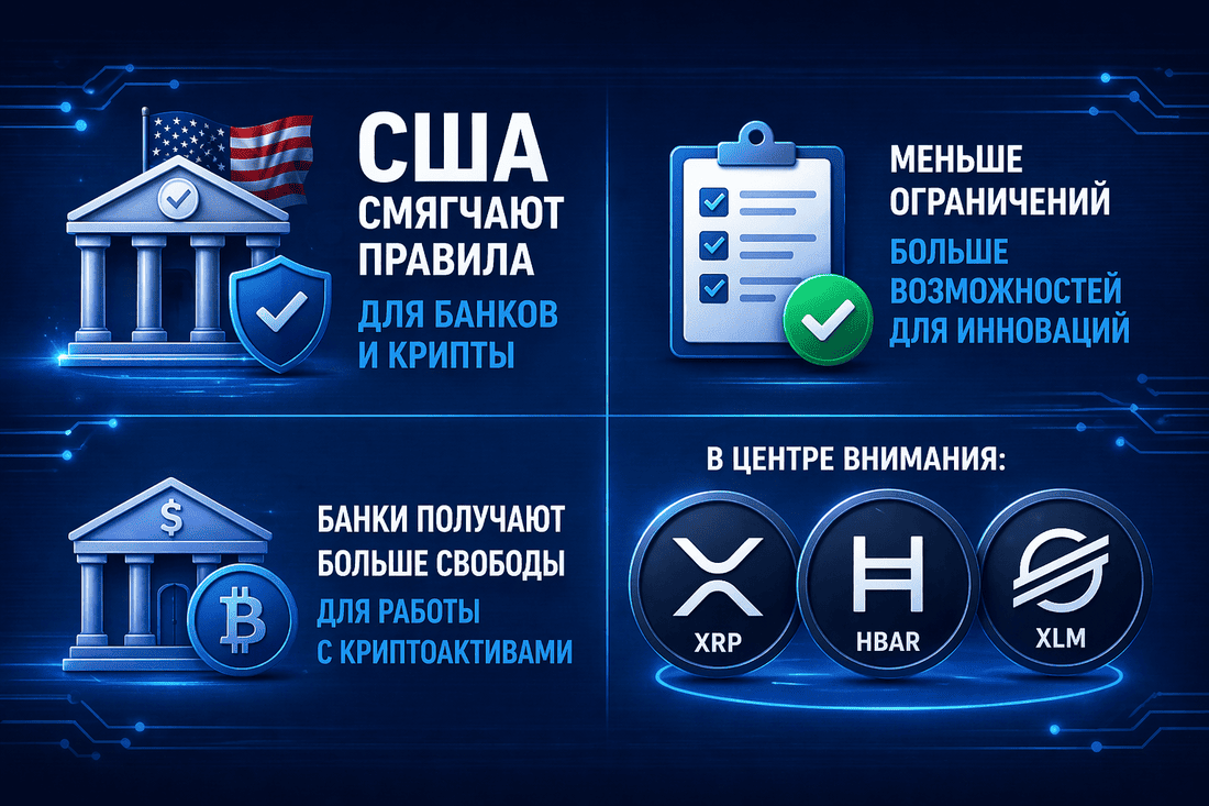 США смягчают правила для банков и крипты: XRP, HBAR и XLM в центре внимания