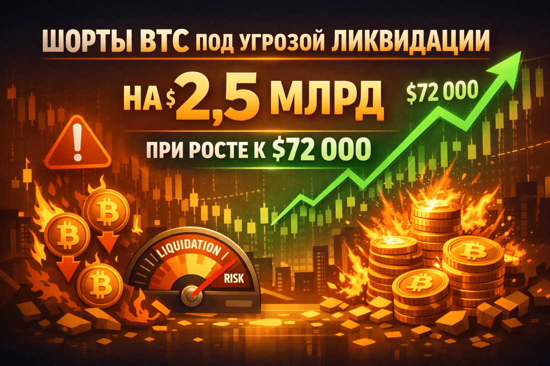 Шорты BTC под угрозой ликвидации на $2,5 млрд при росте к $72 000