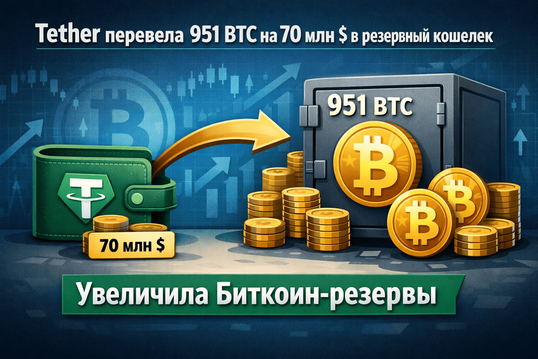 Tether перевела 951 BTC на 70 млн долларов в резервный кошелек и увеличила биткоин-резервы