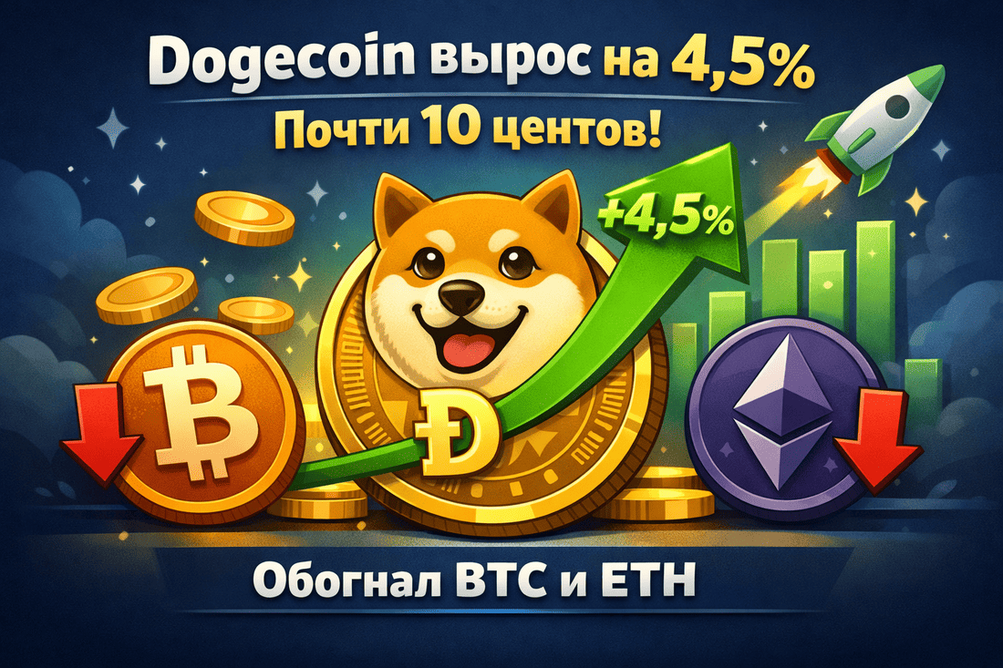 Dogecoin вырос на 4,5% почти до 10 центов и обогнал BTC и ETH
