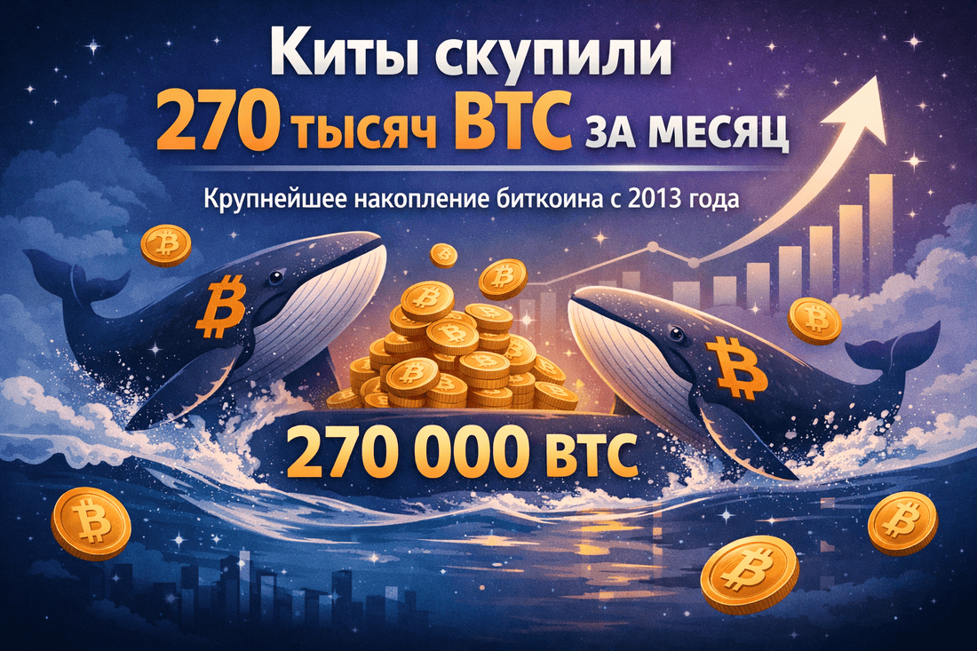 Киты скупили 270 тысяч BTC за месяц - крупнейшее накопление биткоина с 2013 года
