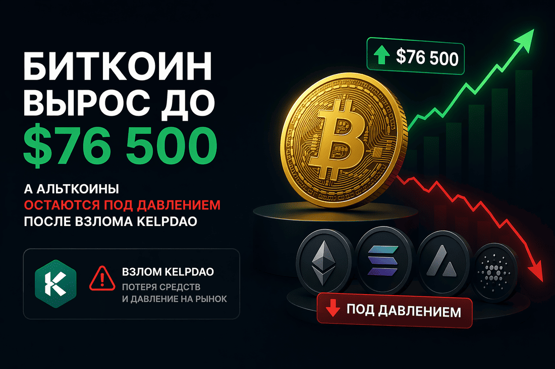 Биткоин вырос до $76 500, а альткоины остаются под давлением после взлома KelpDAO
