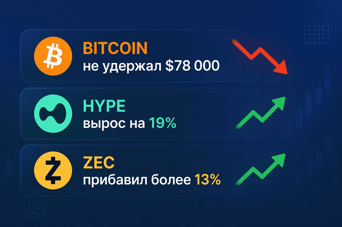 Bitcoin не удержал $78 000, HYPE вырос на 19%, ZEC прибавил более 13%