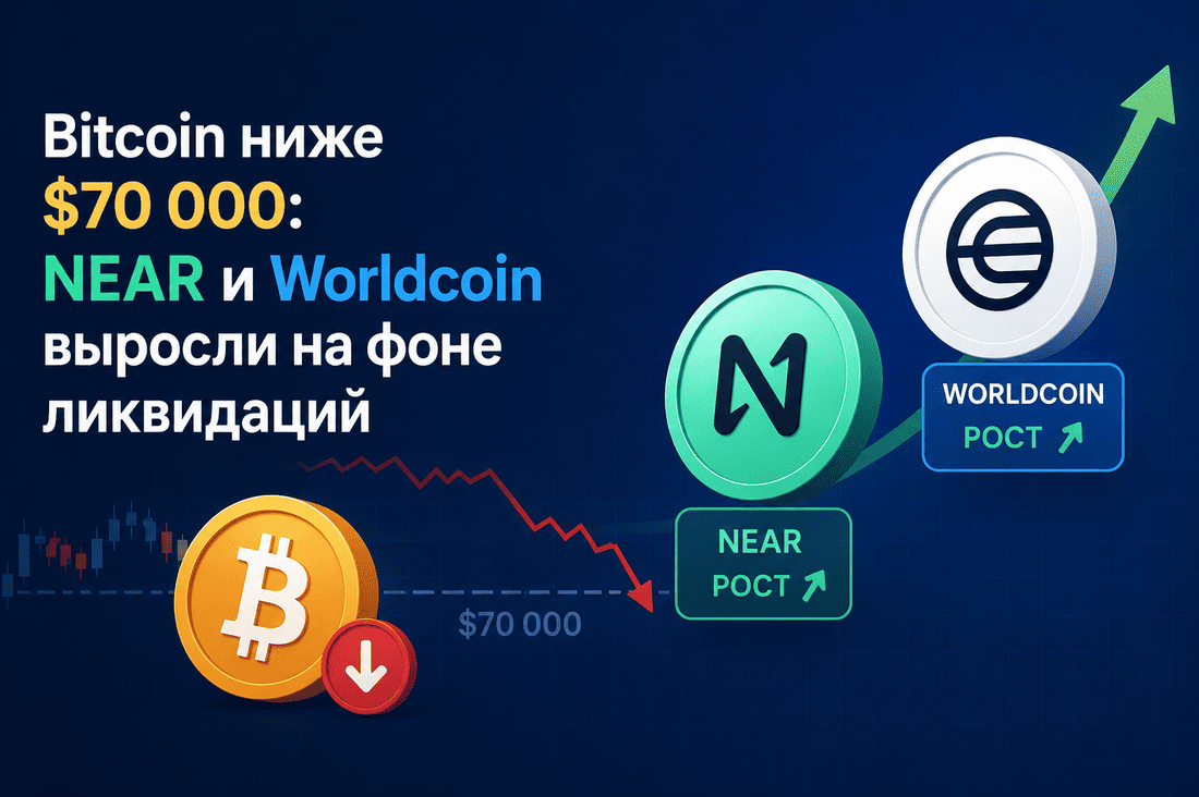 Bitcoin ниже $70 000: NEAR и Worldcoin выросли на фоне ликвидаций